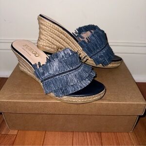 NIB Fuego Brenda Navy Raffia Fringe Espadrille Wedges
